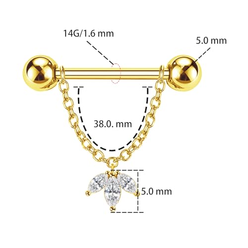14G Nipple Rings for Women 316L Stainless Steel Dangle Nipple Barbell Nipple Studs Rings Nipple Piercing Jewelry - color: Gold Flower