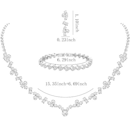 NEWITIN 4 Pieces Crystal Jewelry Set for Women Wedding Costume Accessories | Hypoallergenic, Cubic Zirconia, Necklace Earrings Bracelet, Tennis, Silver Jewelry for Wedding Bride Bridesmaid Party Prom - color: Silver Beauty