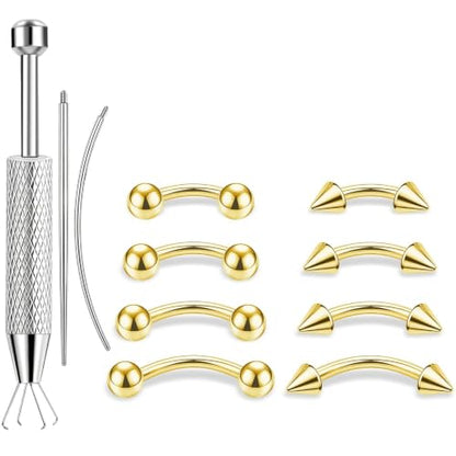 11Pcs Eyebrow Piercing Jewelry with Grabber Tool 14G/16G Stainless Steel Curved Barbell Eyebrow Jewelry Hypoallergenic Eyebrow Rings Rook Vertical Labret Navel Daith Lip Helix Conch Daith for Women Men 6mm/8mm/10mm/12mm - color: Gold, size: 16G