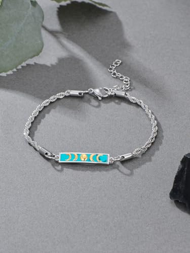 Waves/Tree of Life/Mushrooms/Moon Phase/Butterfly/Hummingbird Bracelet/Anklet 925 Sterling Silver Adjustable Abalone Shell Bar Bracelet/Anklet Summer Jewelry Gifts for Women - color: Moon Phase-Turquoise, size: Bracele 7"+2"