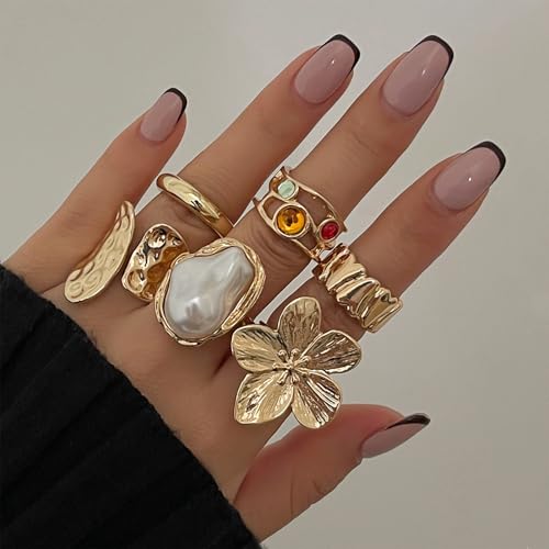 Chunky Rings for Women Stackable Vintage Adjustable Rings for Women Gold Statement Stone Ring Set Non Tarnish Vintage Jewelry - style: Gold 6