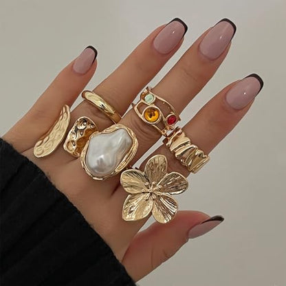 Chunky Rings for Women Stackable Vintage Adjustable Rings for Women Gold Statement Stone Ring Set Non Tarnish Vintage Jewelry - style: Gold 6