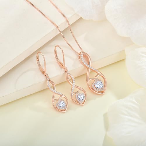 Infinity Heart Rose Gold Jewelry Set for Women 925 Sterling Silver Cubic Zirconia Necklace and Earrings Set April Birthstone Jewelry Gifts