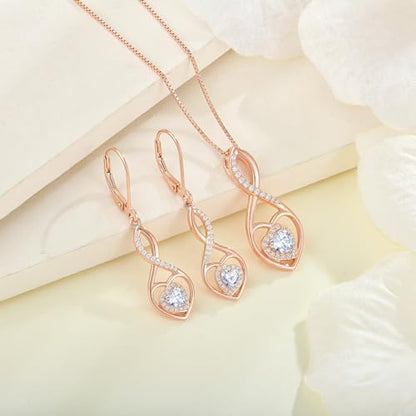 Infinity Heart Rose Gold Jewelry Set for Women 925 Sterling Silver Cubic Zirconia Necklace and Earrings Set April Birthstone Jewelry Gifts