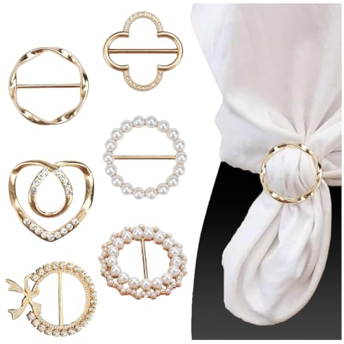 6PCS Scarf Ring Clips for Women – Fashionable Metal Round Circle Shirt Clip Buckles, T-Shirt Ties Clips, Clothing Ring Wrap Holders for Scarves, Shirts, Belts, and Hats – Durable Zinc Alloy, Elegant Gold Finish