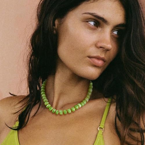 Beaded necklace for Women Boho Bead Gemstone Chunky Necklace Big Bead Necklace Fashion Trendy Summer Necklaces Jewelry Gifts - color: Olive Green Beaded