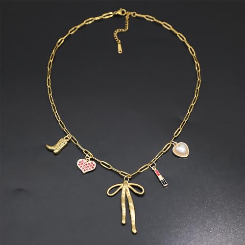 JNF Cute Shell Conch Boho Charm Necklace for Women Sun Moon Star Coin Heart Flower Boot Bow Charms Necklaces Summer Beach Jewelry - color: bow charm necklace