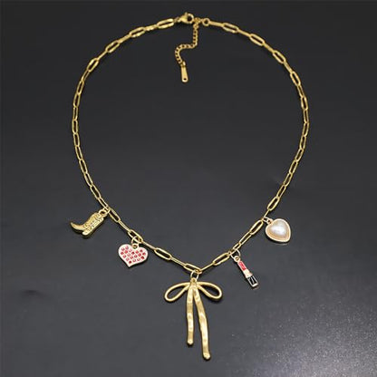JNF Cute Shell Conch Boho Charm Necklace for Women Sun Moon Star Coin Heart Flower Boot Bow Charms Necklaces Summer Beach Jewelry - color: bow charm necklace