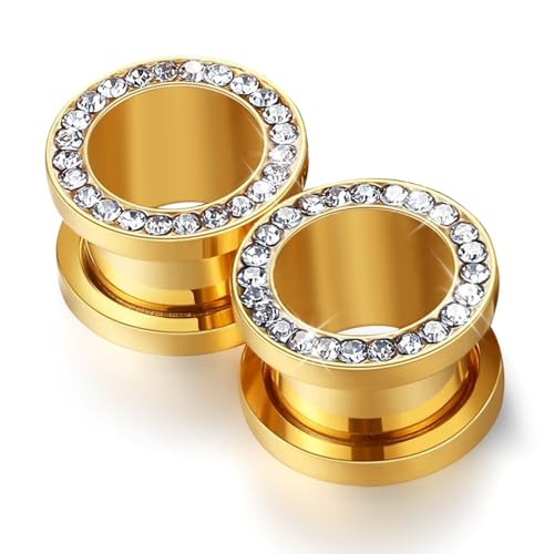 WBRWP 2pcs Hollow Gold Stainless Steel with Zircon Ear Plugs Tunnels - Ear Expander - Ear Gauges Stretcher Body Piercing Jewelry 8g-5/8 - color: Gold with Clear CZ