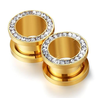 WBRWP 2pcs Hollow Gold Stainless Steel with Zircon Ear Plugs Tunnels - Ear Expander - Ear Gauges Stretcher Body Piercing Jewelry 8g-5/8 - color: Gold with Clear CZ