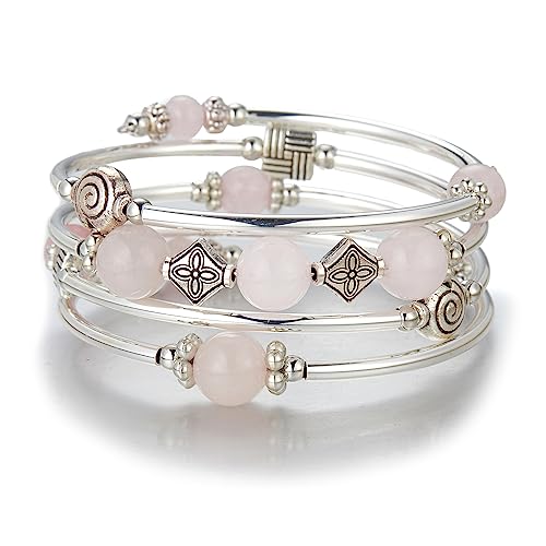 Beaded Pearl Bangle Wrap Bracelet - Fashion Bohemian Jewelry Multilayer Charm Bracelet with Thick Silver Metal Beads, Gift For Women - color: Pink crystal