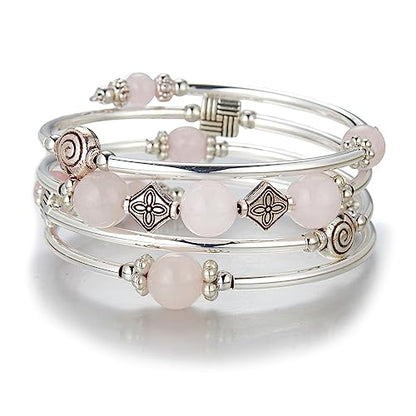 Beaded Pearl Bangle Wrap Bracelet - Fashion Bohemian Jewelry Multilayer Charm Bracelet with Thick Silver Metal Beads, Gift For Women - color: Pink crystal