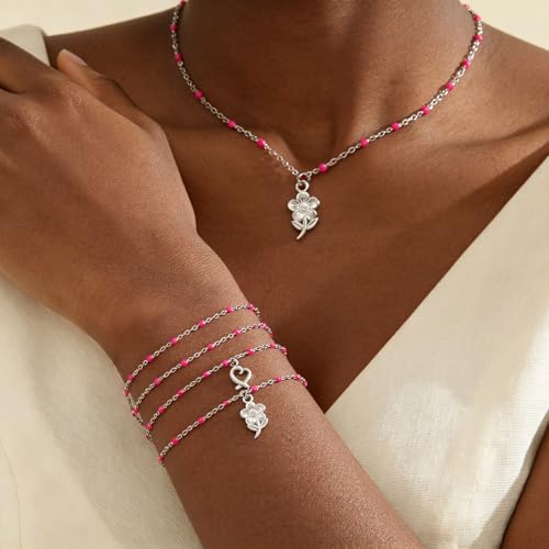 6 PCS Enamel Beaded Chains Bracelet Stainless Steel Link Bracelets | 6.7"+1.18", With Extender Chain, Fashion Jewelry Set, Gift For Women, Colorful, No Fade - color: Rose Silver