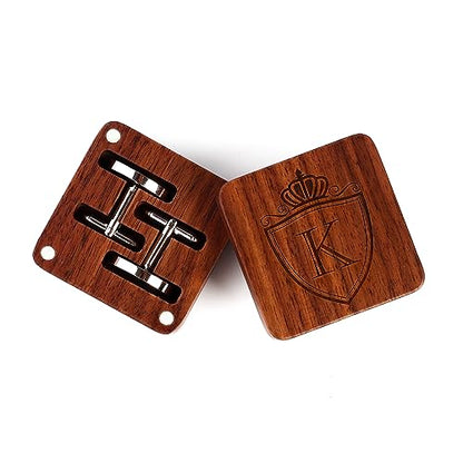 Mens Initial Silver Cufflinks A-Z Alphabet Letter Steel Cuff Links with Engraved Walnut Wood Box Groom Groomsman Wedding Set… - style: K