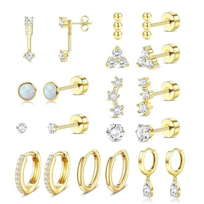 Stainless Steel Stud Earrings Set for Women Hypoallergenic Flat Back Cartilage Earrings Screw Back Huggie Hoop Earrings Multiple Piercing Cubic Zirconia Helix Tragus Jewelry - color: Set-F-14K Gold Plated