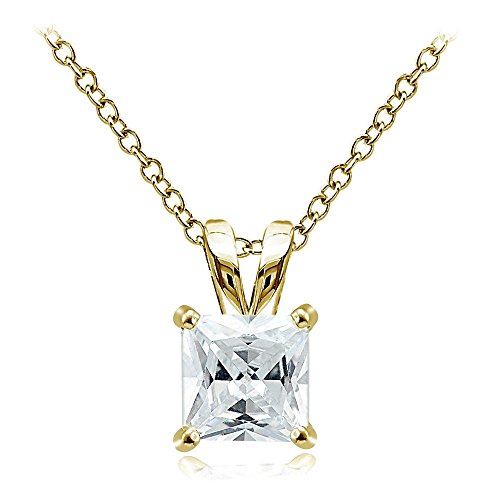 Hoops & Loops Sterling Silver, Yellow Gold Flash or Rose Gold Flash CZ Cubic Zirconia Square Solitaire Pendant Necklace - style: 9mm-Yellow Flash Silver