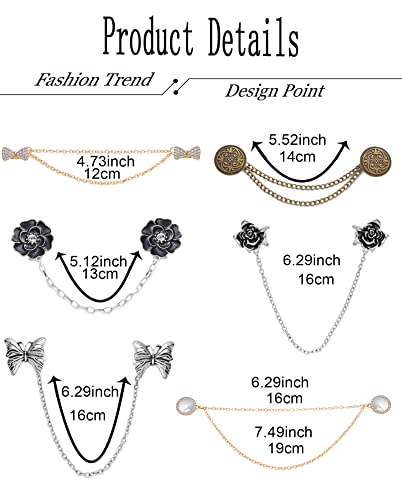 6 Pcs Antique Sweater Shawl Clip Chain Renaissance Style Rose Bowknot Brooch Flowers Wings Heart Cardigan Pin Gold sliver For Woman Men - style: B:6Pcs(Butterfly)