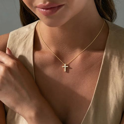 Cross Necklace for Women Dainty Small Cross Pendant Choker 14K Gold Plated Simple Trendy Cute Cross Charm Chain Necklace Easter Baptism Religious Faith Jewelry Gift - color: Zircon Cross-GD