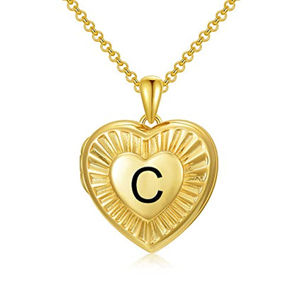 SOULMEET 10K 14K 18K Solid Yellow Gold/Plated Gold Locket Radiation Initial Heart Locket Necklace that Holds Pictures Personalized Photo Locket Necklace Alphabet A-Z - style: C-locket only