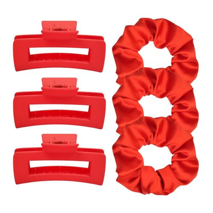 Hair Accessories Set Pack of 6 – 3 Medium Hair Clips for Women, 3 Big Satin Scrunchies for Hair, Non-Slip Matte Square Hair Claw Clips, Back to School, Birthday Gift, Daily Use (Red) - color: Red