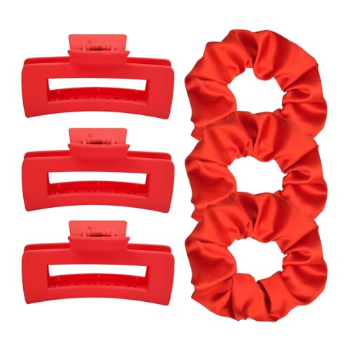 Hair Accessories Set Pack of 6 – 3 Medium Hair Clips for Women, 3 Big Satin Scrunchies for Hair, Non-Slip Matte Square Hair Claw Clips, Back to School, Birthday Gift, Daily Use (Red) - color: Red