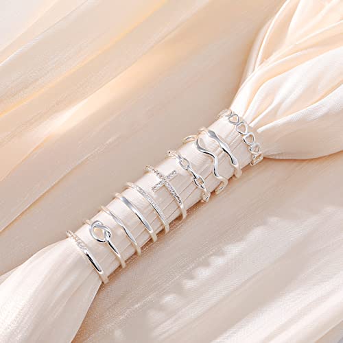 ZOERAY Gold Silver Stackable Rings for Women Non Tarnish CZ Ring Set | 10PCS 14K Gold Plated, Dainty Stacking Band Rings, Cross Wave Paperclip Knot Knuckle Thumb Ring, Jewelry Gifts, Size 4-11 - color: Silver