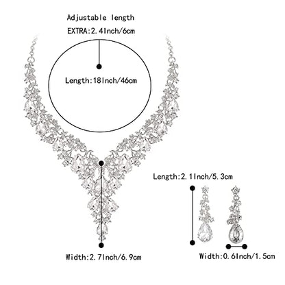 Wedding Bridal Necklace Earrings Jewelry Set for Women | Gorgeous Austrian Crystal Teardrop Flower Cluster for Bridal Bride Bridesmaid - color: 2Pcs-Clear Silver-Tone