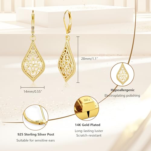 BOUTIQUELOVIN Filigree Dangle Earrings for Women Drop Earings | 14K Gold Plated Geometric Dangling Leverback Earrings Silver Hypoallergenic Dangly Earings Lightweight Daily Jewelry Gifts - color: C-14K Gold
