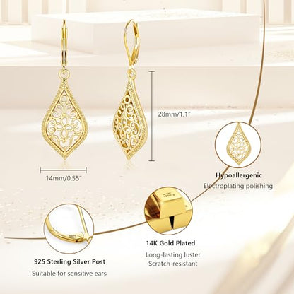 BOUTIQUELOVIN Filigree Dangle Earrings for Women Drop Earings | 14K Gold Plated Geometric Dangling Leverback Earrings Silver Hypoallergenic Dangly Earings Lightweight Daily Jewelry Gifts - color: C-14K Gold