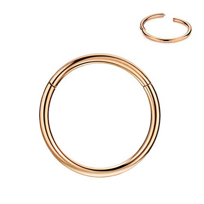 316L Surgical Steel Hypoallergenic Hinged Nose Ring Hoop for Women & Men | Seamless Clasp, Used in Nostril, septum, lip, and all ear piercings. 20 Gauge to 6 Gauge, Inner Diameter 5mm to 22mm - color: 18k rose gold-plated, size: 10 Gauge 14mm
