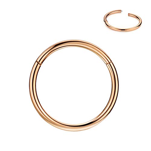 316L Surgical Steel Hypoallergenic Hinged Nose Ring Hoop for Women & Men | Seamless Clasp, Used in Nostril, septum, lip, and all ear piercings. 20 Gauge to 6 Gauge, Inner Diameter 5mm to 22mm - color: 18k rose gold-plated, size: 10 Gauge 16mm