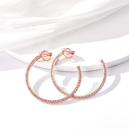 YOQUCOL 4.3CM(1.7in) Clip On Hoop Earrings Cubic Zirconia Non Pierced Ears Hoops for Women - color: 55MM-Rose gold
