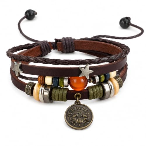 Zodiac Bracelet for Men Women, Adjustable Faux Leather Braided Wrap Bracelet with Vintage Astrology Charm, Gift Jewelry - style: Cancer