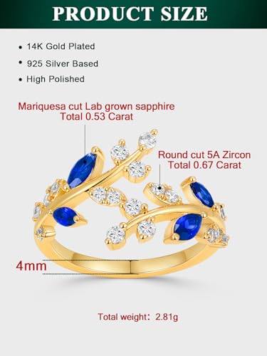 Silver Leaf Ring for Women 925 Sterling Silver Yellow Gold Plated CZ Inlaid Marquise Sapphire/Ruby/Emerald Cocktail Rings Size 6 to 10 - color: Sapphire - Gold