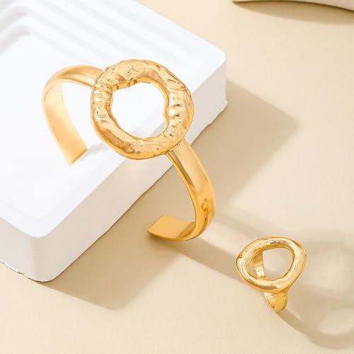 Gold Bangle Ring Set for Women Chunky Statement Jewelry Set Geometric Bangle Bracelet And Ring Minimalist Daily Wear Party Jewelry Gift - color: Gold B