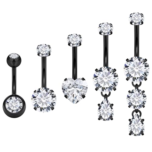 Vsnnsns 14G Dangle Belly Button Ring Piercing Jewelry 316L Stainless Surgical Steel Round Heart Cubic Zirconia Navel Rings Dangling Belly Button Ring Piercing Jewelry for Women 14 Gauge Hypoallergenic - color: Black-14MM Bar-Clear CZ