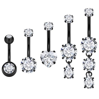 Vsnnsns 14G Dangle Belly Button Ring Piercing Jewelry 316L Stainless Surgical Steel Round Heart Cubic Zirconia Navel Rings Dangling Belly Button Ring Piercing Jewelry for Women 14 Gauge Hypoallergenic - color: Black-16MM Bar-Clear CZ