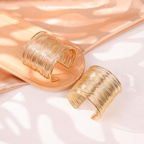 2Pcs Cuff Bangle Bracelet for Women Open Wide Bangle Bracelet Set | minimalist statement bangle bracelets，wrist cuff wrap bracelet adjustable，open wide wire grooved hammered bracelet set - color: 2PCS-Gold-D