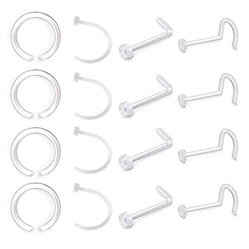 D.Bella Clear Nose Rings: 18G Retainer & 20G Hoop, Flexible Acrylic Piercing Kit for Work & Surgery - color: 1-Style A