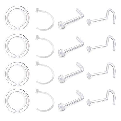 D.Bella Clear Nose Rings: 18G Retainer & 20G Hoop, Flexible Acrylic Piercing Kit for Work & Surgery - color: 1-Style A