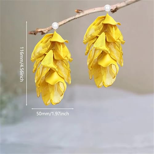 Handmade Bohemian Lightweight Fabric Flower Dangle Drop Earrings Chic Pearl Large Tassel Petal Stud Earrings For Women - color: Ginger