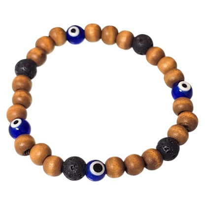 BlueRica Handcrafted Evil Eye Protection Stretch Bracelet with Wooden Beads & Lava Stones (Natural & Blue Evil Eyes)