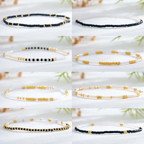 Colorful Stackable Rice Small Mini Seed Beaded Bracelets Set For Women, Handmade Dainty Boho Gold Glass Stretch Accessories Jewelry,Summer Beach Party Daily Friendship Gift - color: Black White