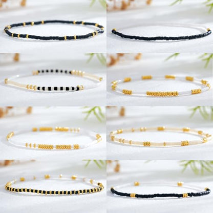 Colorful Stackable Rice Small Mini Seed Beaded Bracelets Set For Women, Handmade Dainty Boho Gold Glass Stretch Accessories Jewelry,Summer Beach Party Daily Friendship Gift - color: Black White
