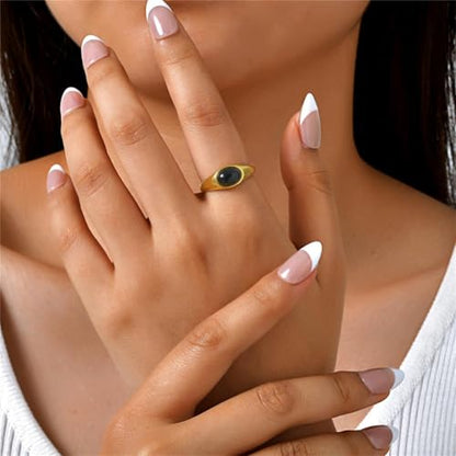HIJONES Women's Stainless Steel Oval Opal Gemstone Dome Stacking Signet Ring Charming Wedding Jewelry - color: Black Stone