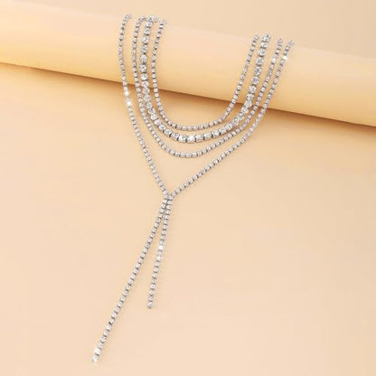 Layered Wedding Choker Rhinestone Necklace Sparkly Long Crystal Neck Chain for Women - color: Silver