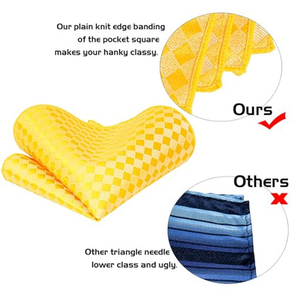 5PCS Mens Silk Tie, Pocket Square, Cufflinks, Drilled Tie Ring and Lapel Pin Set for Wedding Groom Party - color: Yellow Plaid Tie Set -129+22