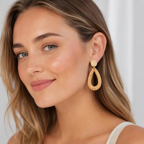Handmade Rattan Teardrop Dangle Earrings for Women, Lightweight Boho Woven Statement Earrings with Gold Fish Hook, Natural Straw Weave Vacation Jewelry for Summer Beach - style: Woven Teardrop Hoop