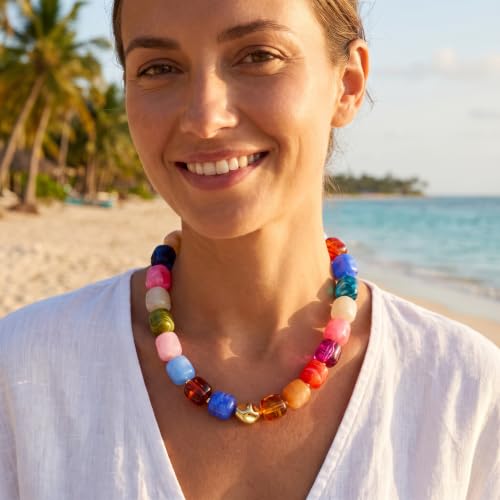 Chunky Beaded Necklace for Women,Square Resin beads boho Choker Necklace with gold-tone spacers,Fashion Trendy Summer Beach Party Necklaces Handmade Surfer Beach Necklaces Jewelry Gifts - color: Colorful