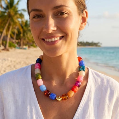 Chunky Beaded Necklace for Women,Square Resin beads boho Choker Necklace with gold-tone spacers,Fashion Trendy Summer Beach Party Necklaces Handmade Surfer Beach Necklaces Jewelry Gifts - color: Colorful